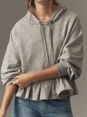 💎Anthropologie Drop-Shoulder Flounce Long-Sleeve Embellished Hoodie Pilcro NEW